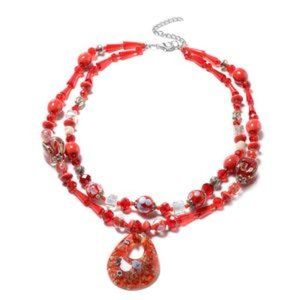 Red Color Ceramic, Multi Gemstone Necklace (24 in) in Silvertone 100.01 ctw